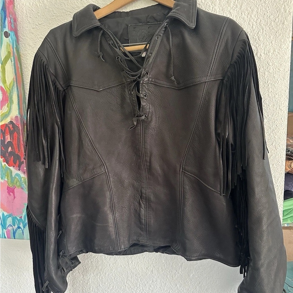 Vintage Women's LEATHER Black Fringe W/ Lace Up PULLOVER Jacket Biker Motorcycle